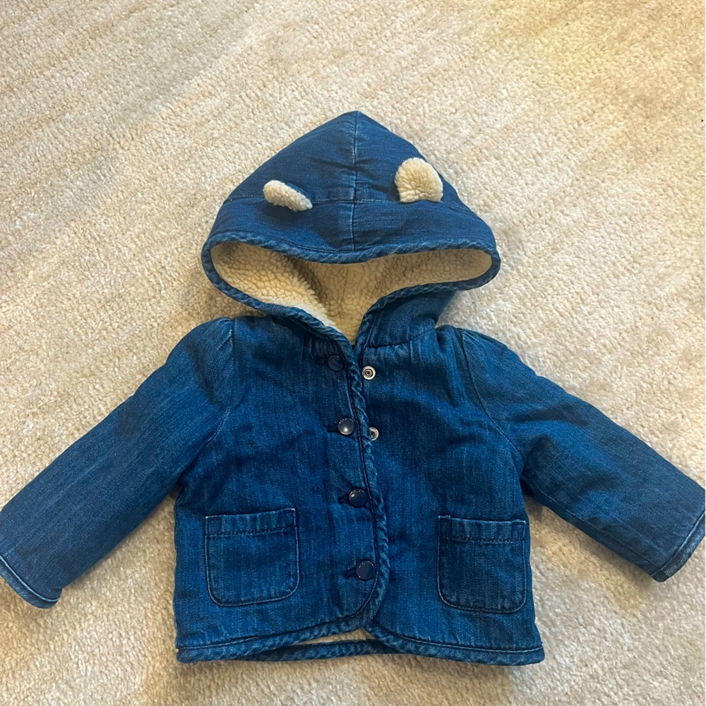 Baby Gap denim jacket with Sherpa lining and bear ear hood